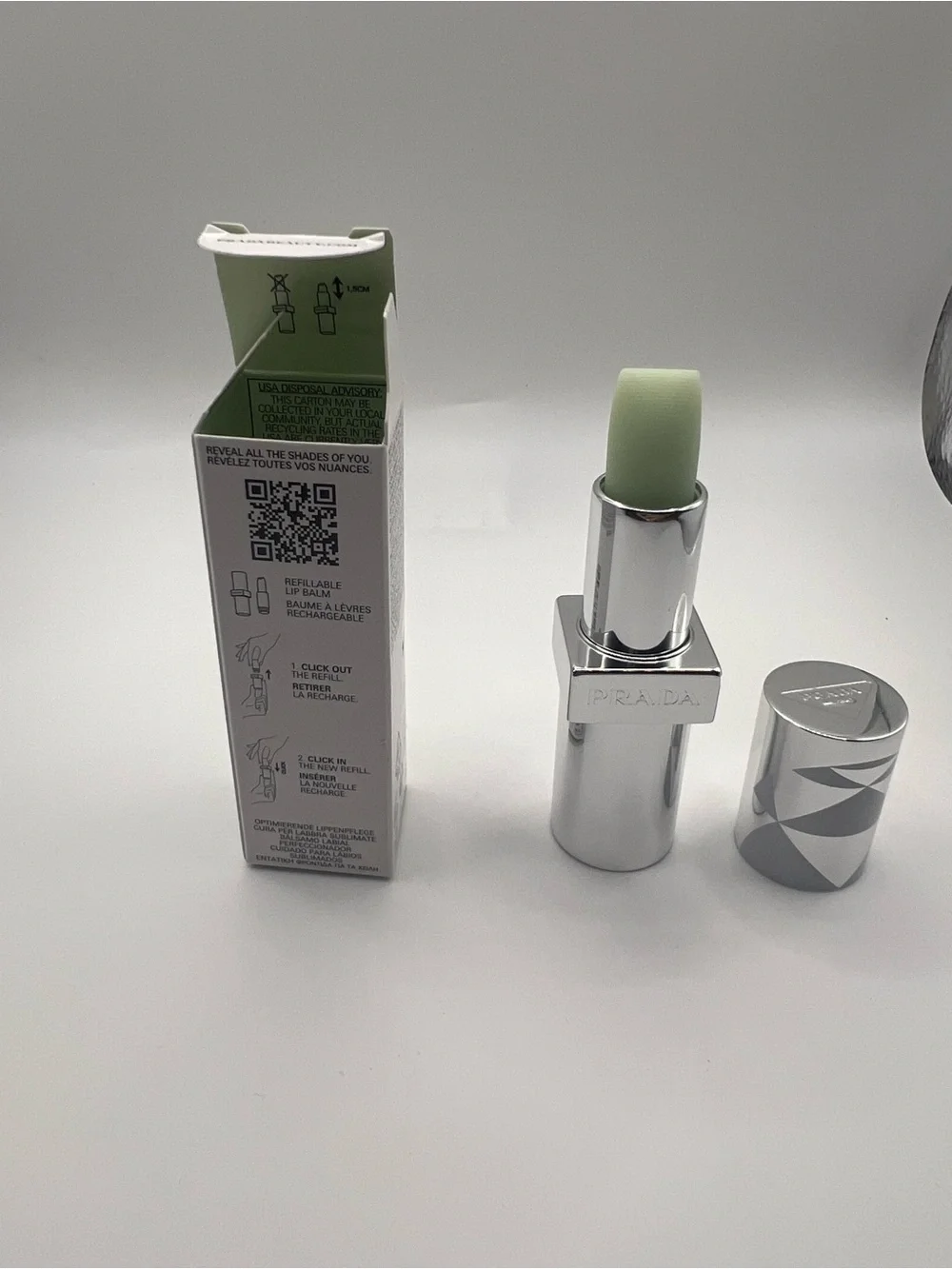 Prada Lip Balm U000 Universal in Pale Green with Silver Case